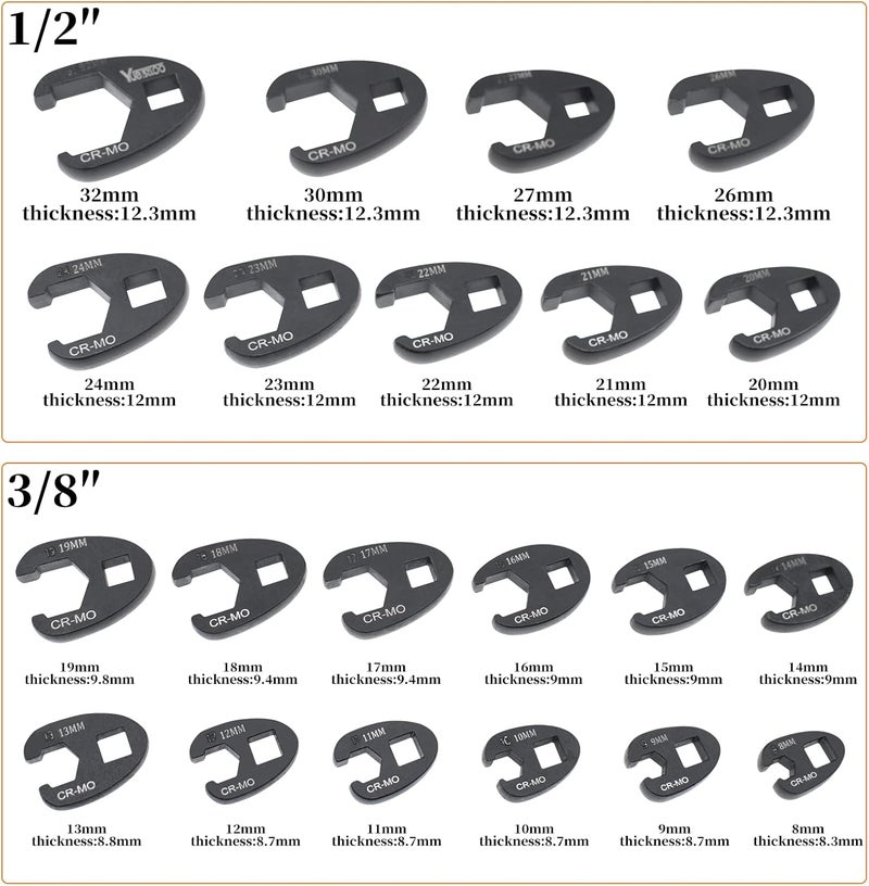 Yuesstloo 21Pcs Crows Foot Wrench Set 1/2" and 3/8” Drive Flare Nut Crowfoot Set Metric 8-32mm 6 Point Crows Feet Wrenches, Flare Nut Wrench Kit for Removing Nuts from Hard-to-Reach Areas - Image 2